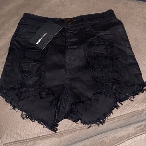 Fashion Nova Black High-Waist Distressed Denim Shorts